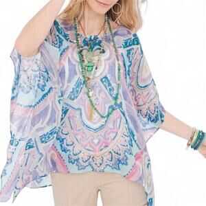 Chico's 100% Linen Poncho Pastel Paisley‎ Boho Top Oversized Women's S/M